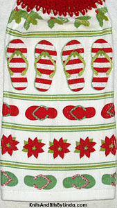 rows of striped and solid flip flops on Christmas hanging hand towel.