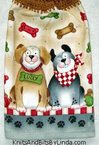 dog friends, Woof & Lucky on hanging kitchen hand towel