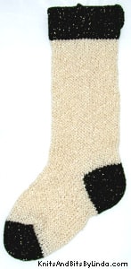 Aran acrylic metallic yarn Christmas stocking with Balsam Green gold acrylic metallic yarn cuff, heel and toe