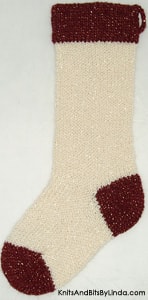 Aran knitted Christmas stocking with Golden Burgundy cuff, heel and toe with gold shiny metallic thread