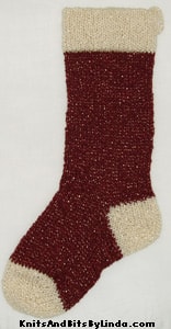 Victorian Burgundy knitted Christmas stocking with Aran yarn cuff, heel and toe with gold shiny thread
