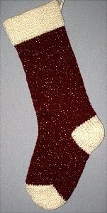Golden Burgundy knitted Christmas stocking with Ivory yarn cuff, heel and toe with gold shiny metallic thread