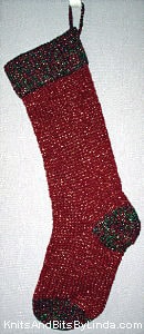 Burgundy and gold knitted Christmas stocking with Multi 2 purple burgundy green cuff with gold shiny thread
