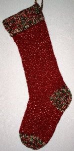 Victorian Burgundy and Gold knitted Christmas stocking with Multi yarn off-white burgundy green cuff with gold shiny thread