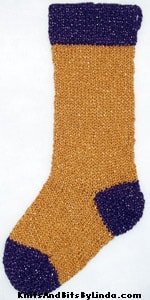 Gold Jewels knitted Christmas stocking with Purple Jewels cuff, heel and toe with gold shiny thread