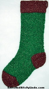 Green Jewels knitted Christmas stocking with Burgundy Jewels cuff, heel and toe with gold shiny thread