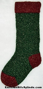 Victorian Green knitted Christmas stocking with Victorian Burgundy cuff, heel and toe with gold metallic thread