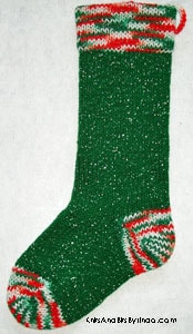 Traditional Green knitted sparkle Christmas stocking with multi-color red, white and green silver thread trim