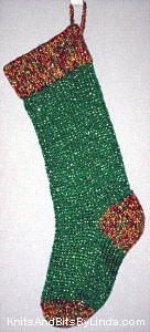 Green knitted Christmas stocking with Multi 1 gold burgundy green cuff with gold shiny thread