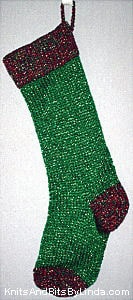 Green Jewels knitted Christmas stocking with Multi 2 green purple burgundy cuff with gold shiny thread