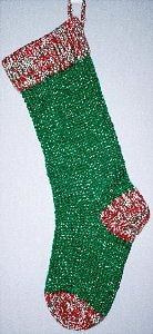 Traditional Christmas Green 2 knitted sparkle stocking with Multi 2 red, white and green cuff, heel and toe with silver thread