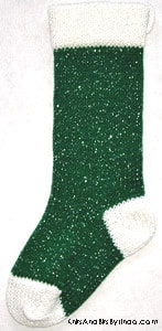 Traditional Green 1 knitted sparkle Christmas stocking with white cuff, heel and toe with silver thread