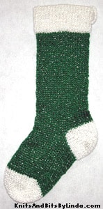 Traditional Christmas Green 2 knitted sparkle stocking with White 2 cuff, heel and toe with silver thread