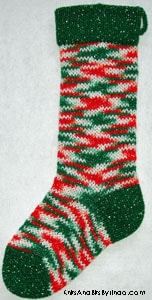 Traditional Multi 1 knitted sparkle Christmas stocking with green cuff, heel and toe with silver thread