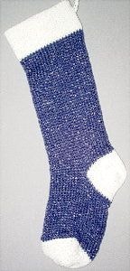 Navy Blue Ice knitted Christmas stocking with Christmas White yarn cuff, heel and toe with silver shiny metallic thread
