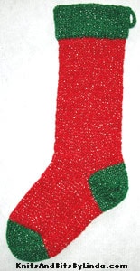 Traditional Christmas Red 2 knitted sparkle stocking with Green 2 cuff, heel and toe with silver thread