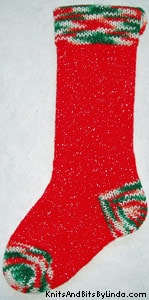 Traditional Red knitted sparkle Christmas stocking with multi-color red, white and green silver thread trim