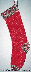 Traditional Christmas Red knitted sparkle stocking with Multi 2 red, white and green cuff, heel and toe with silver thread