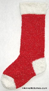 Traditional Christmas Red knitted sparkle stocking with white cuff, heel and toe with silver thread