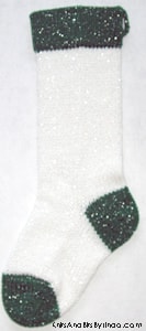 Traditional White 1 knitted sparkle Christmas stocking with green cuff, heel and toe with silver thread