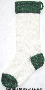 Traditional Christmas White 2 knitted sparkle stocking with Green 2 cuff, heel and toe with silver thread