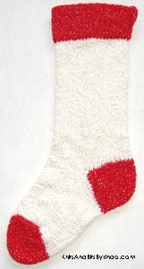 Traditional Christmas White 2 knitted sparkle stocking with Red 2 cuff, heel and toe with silver thread