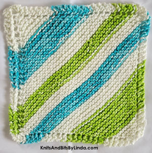 mod stripes of blue, green, white knit cotton dishcloth