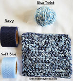 scrubbie cloth blue twist yarn, navy and soft blue netting