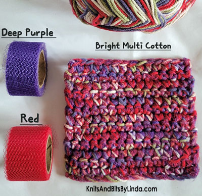 Scrubbie Cloth Bright Multi cotton yarn with deep purple and red nylon netting