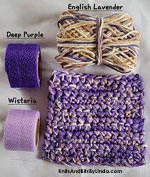 english lavender crochet yarn scrubbie dish cloth with deep purple and wisteria nylon netting
