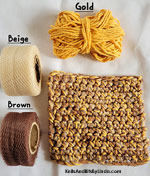 cotton scrubbie dish cloth in gold, beige and brown