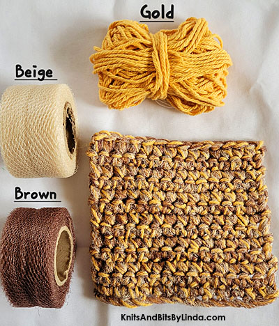 scrubbie dish cloth gold yarn with beige and brown nylon netting