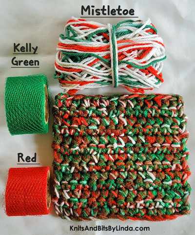 mistletoe yarn with kelly green and red nylon netting scrubbie dish cloith