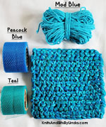 mod blue cotton scrubbie  dish cloth with Peacock Blue and Teal nylon netting