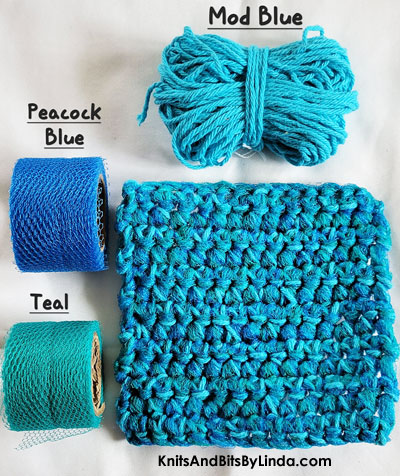 mod blue cotton scrubbie dish cloth with peacock and teal nylon netting