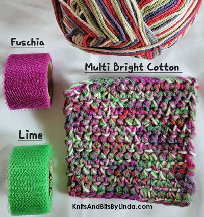 Bright Multi cotton yarn  scrubbie dish cloth with fuschia and lime nylon netting