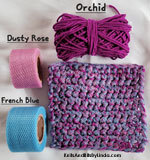 orchid cotton scrubbie dish cloth combined with dusty rose and french blue nylon netting