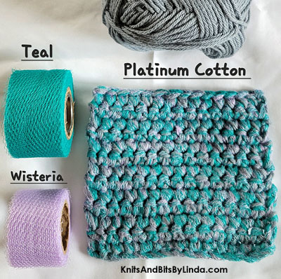 platinum grey cotton yarn with teal and wisteria netting