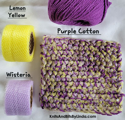 purple crochet cotton scrubbie dish cloth with lemon and Wisteris nylon netting