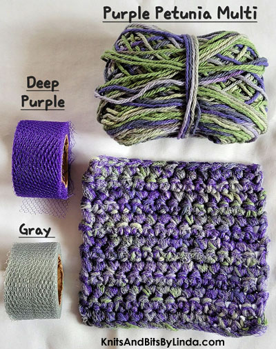 scrubbie dish cloth of purple petunia multi cotton with deep purple and gray netting