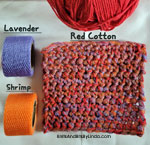 red cotton with lavender and shrimp netting scrubbie cloth