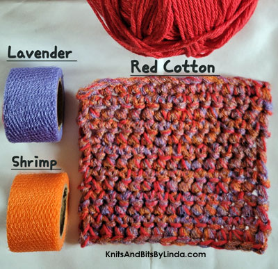 scrubbie dish cloth made witth red cotton yarn and lavender and shrimp nylon netting