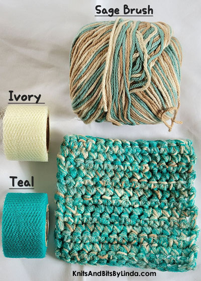 sagebrush cotton yarn combined with ivory and teal nylon netting scrubbie cloth
