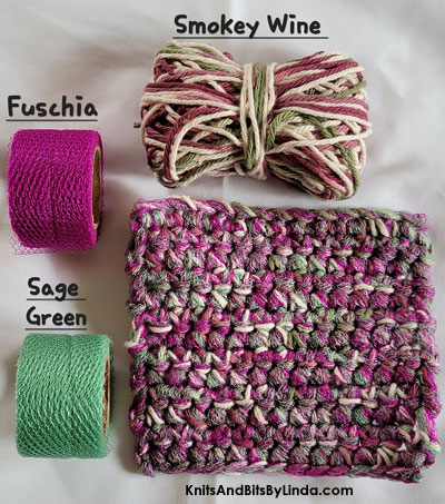 smoky wine cotton scrubbie cloth made with fushcia and sage green nylon netting