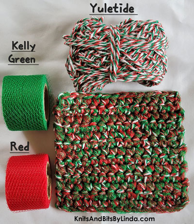 Yuletide twist cotton yarn with kelly green and red nylon netting to form a cotton scrubbie  dish cloth